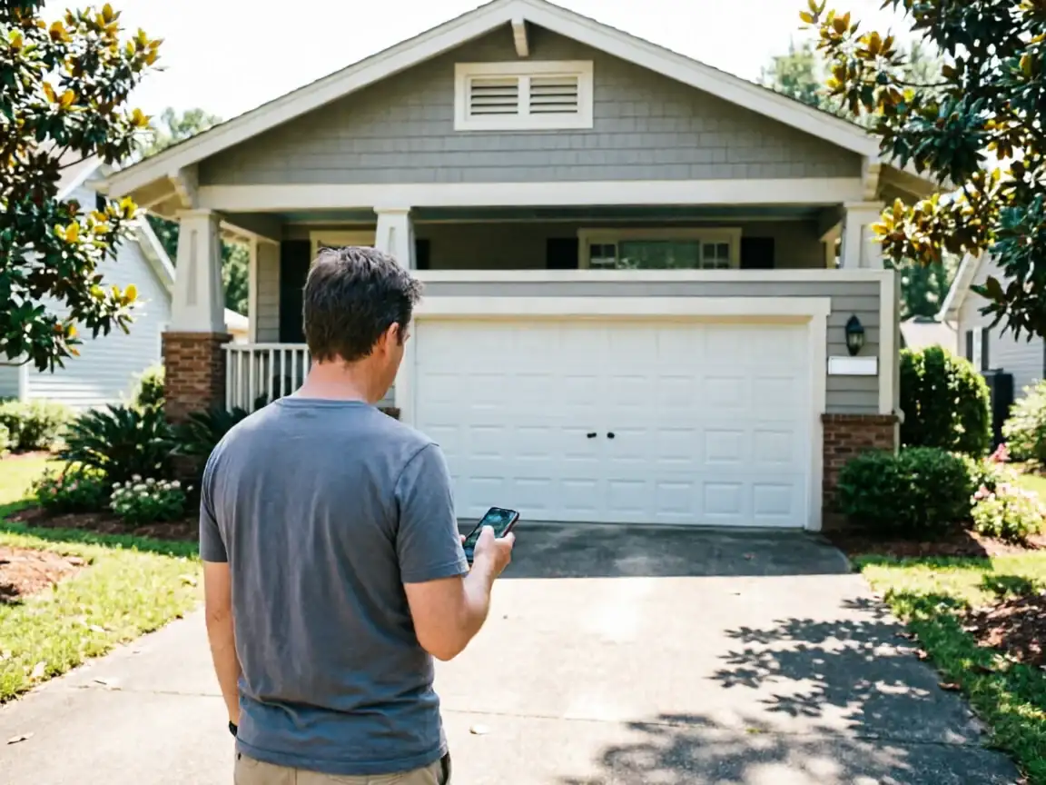 A man stands in a driveway holding a phone, facing a white garage door.