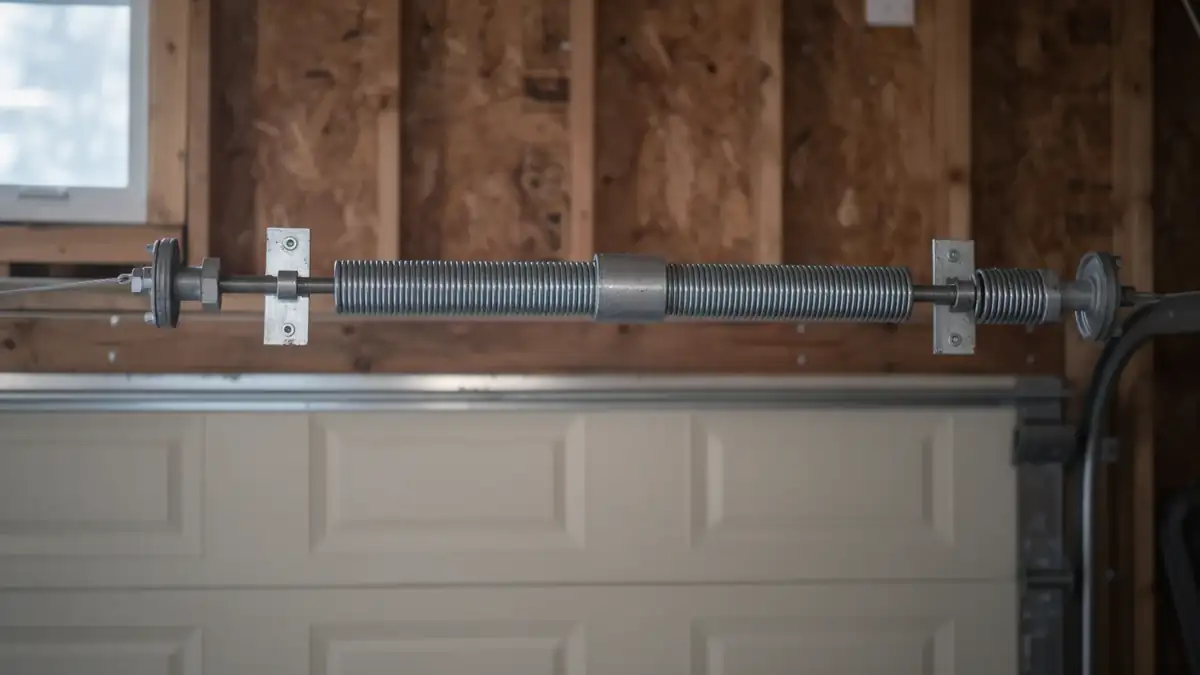 A garage door torsion spring is mounted above a white garage door.